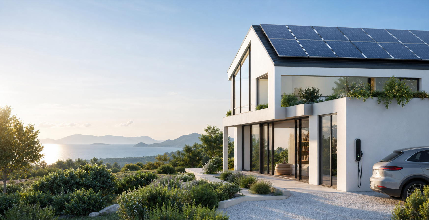 Vivienda eficiente con placas solares y punto de recarga electrico
